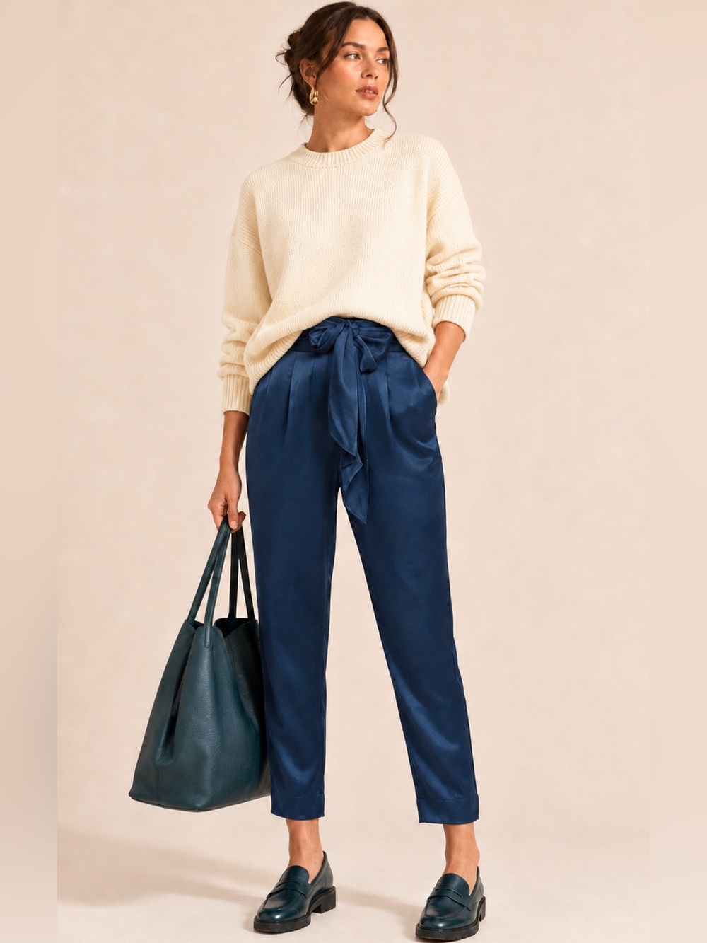 Anthropologie ETT:TWA Satin Pleated Belted Pants Teal Blue Size 4 Viscose